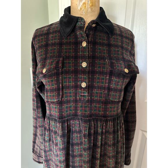 Jones New York M velvet maxi dress home gown Christmas checked black dark plaid - Picture 2 of 15